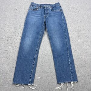 Levis 501 Jeans Women's 26x26 Blue Wash Denim Button Fly Red Tab Raw Fringe '90s